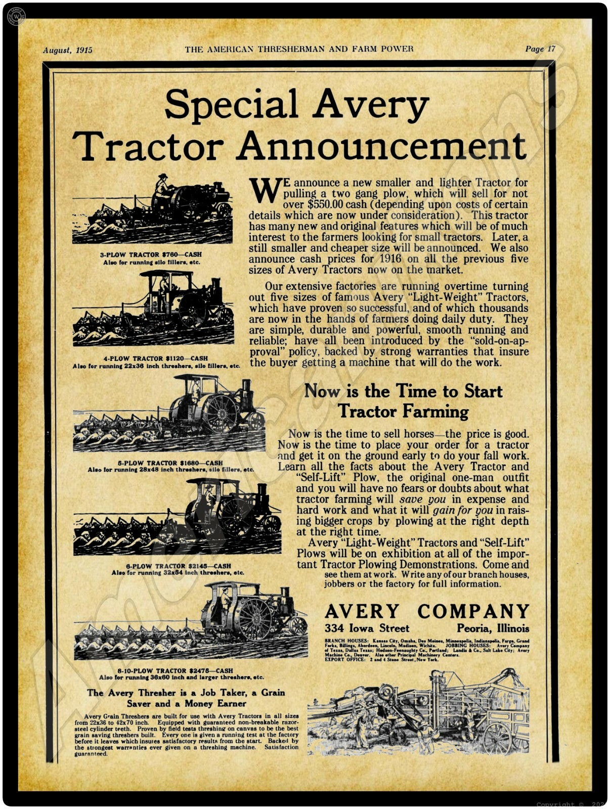 1915 Avery Tractors – All Models – New Metal Sign: Peoria, Ilinois