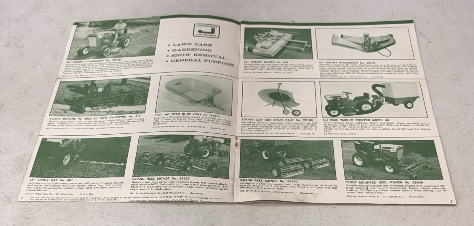 Vintage 1966 Jacobsen Chief Tractor Attachments Advertising Brochure, Catalog