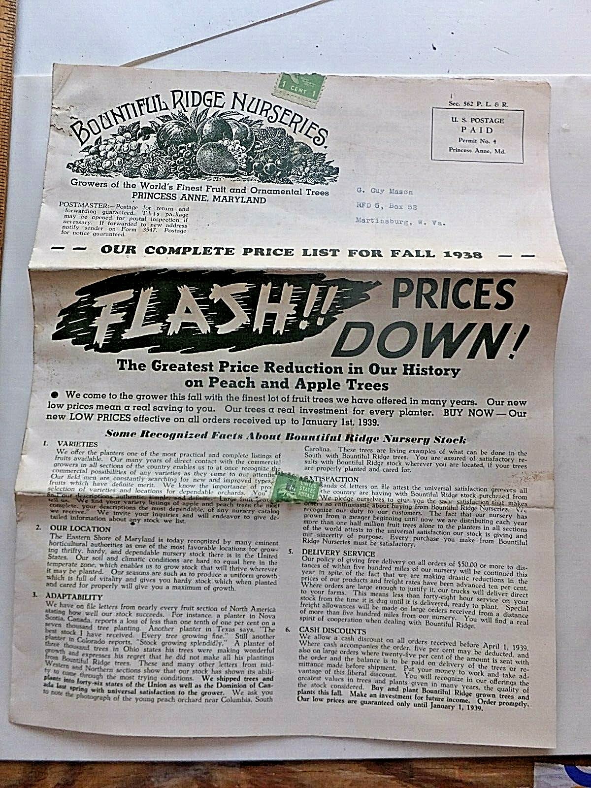 1938 Bountiful Ridge Nurseries, Princess Anne, MD. Complete Price List for Fall.