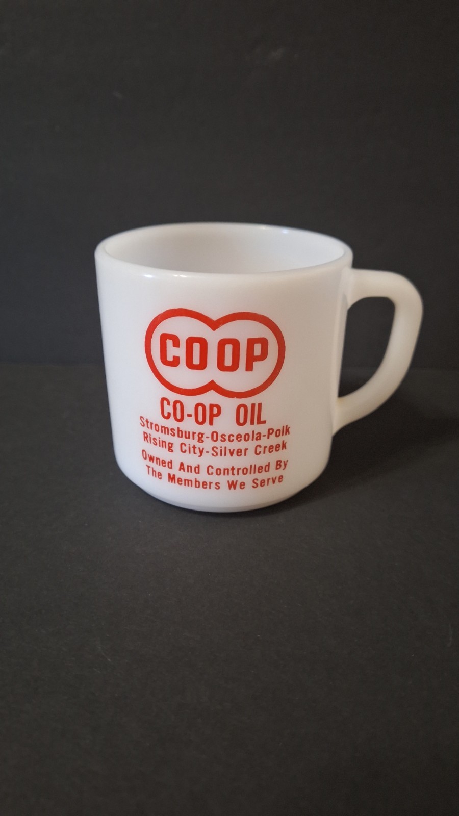 Vtg CO-OP OIL Milk Glass Mug Stromberg Osceola Polk Rising Silver Creek NEBRASKA