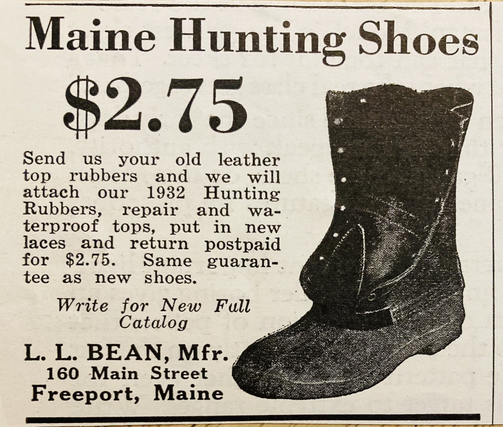 1932 AD.(XH81)~L.L. BEAN MFG. CO. MAIN ST. FREEPORT, ME. 1932 MAINE HUNTING BOOT