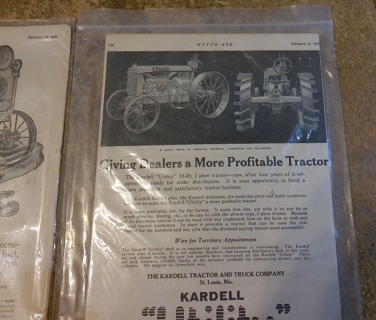 2-lot 1920 tractor magazine ads on cardboard in good shape used