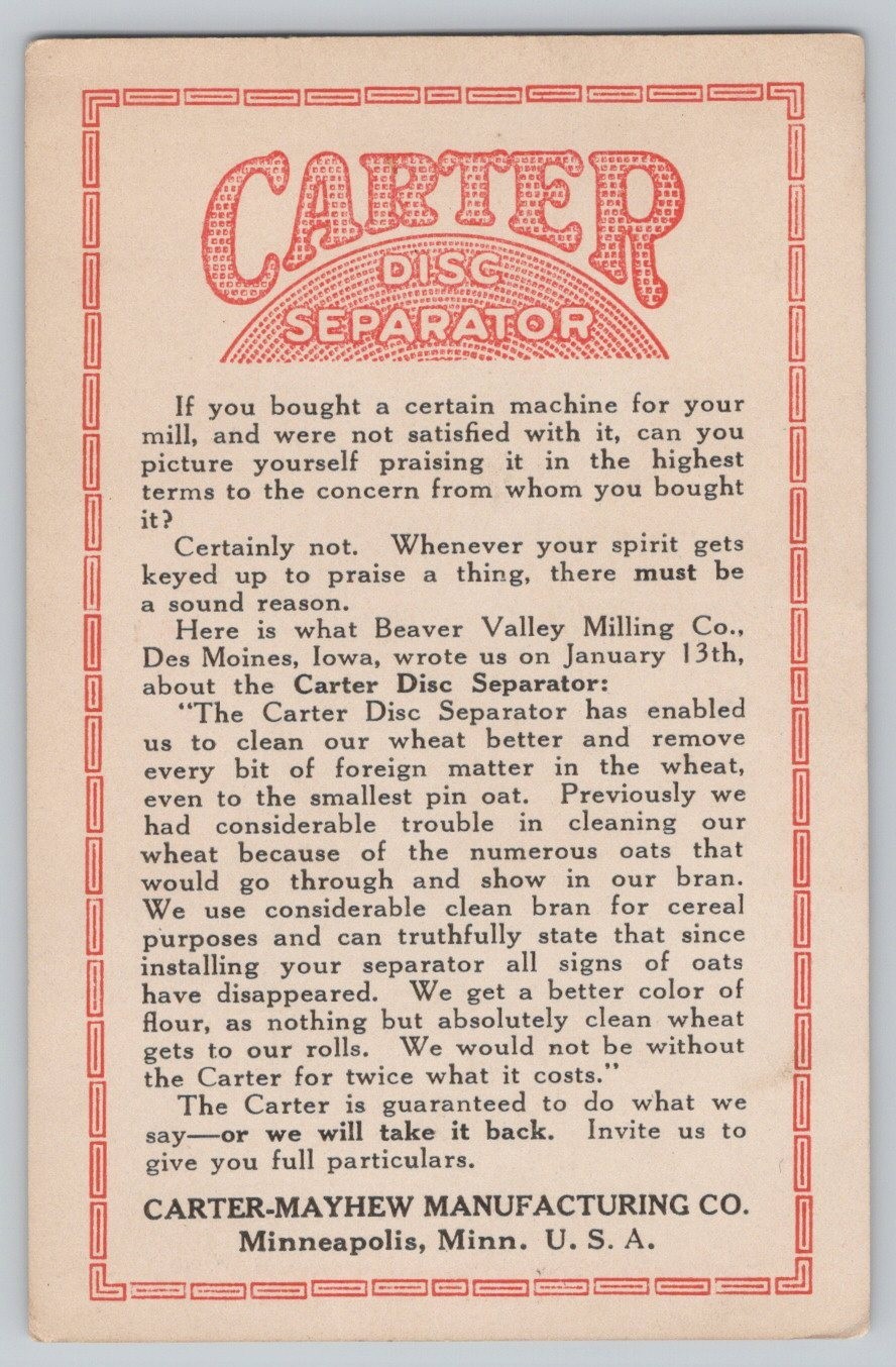 Carter Disc Separator Carter Mayhew Mfg Co April Calendar Trade Card 3.5×5.75&Prime;