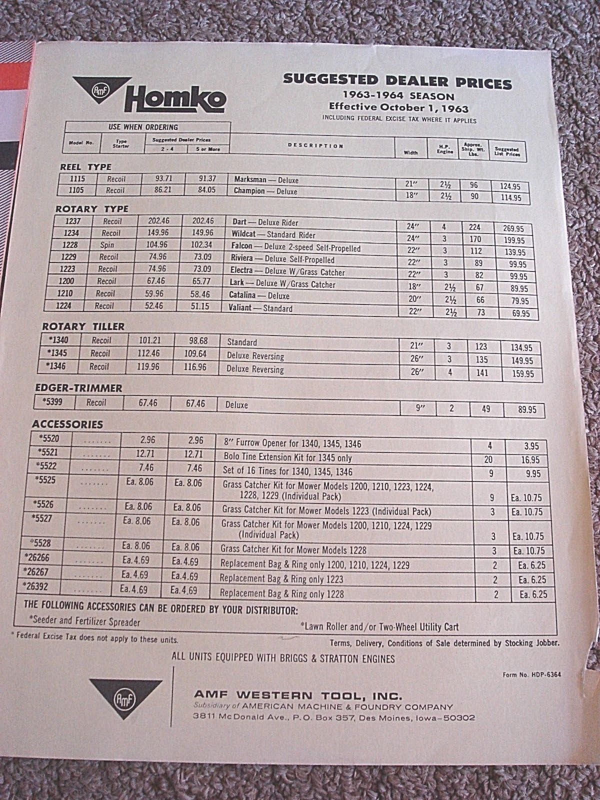 VINTAGE HOMKO 1963-1964 LAWN MOWER TRACTOR TILLER DEALER SALES BROCHURE LOT #2