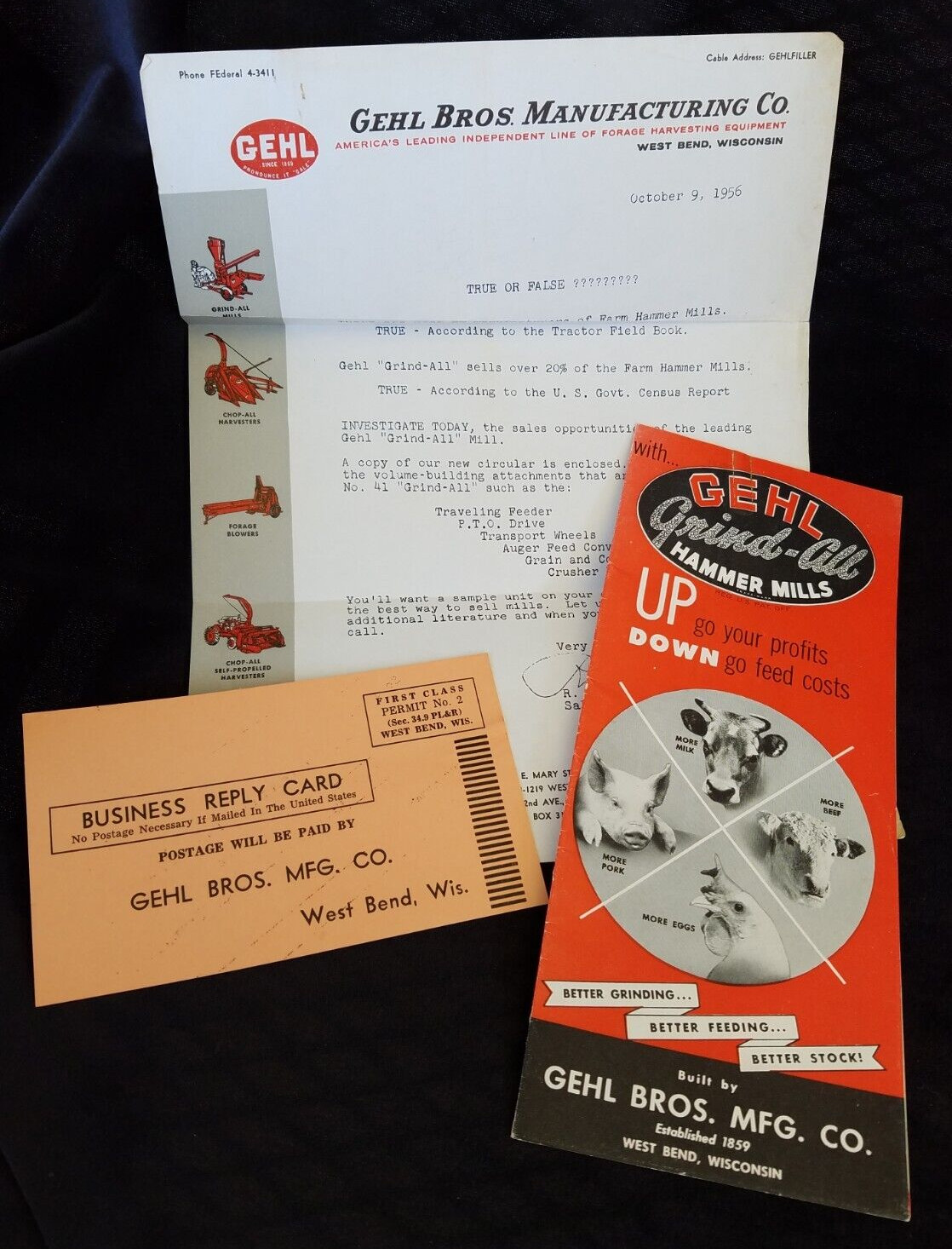 1956 Advertising Brochure GEHL Grind-All Hammer Mills Livestock Feed West Bend