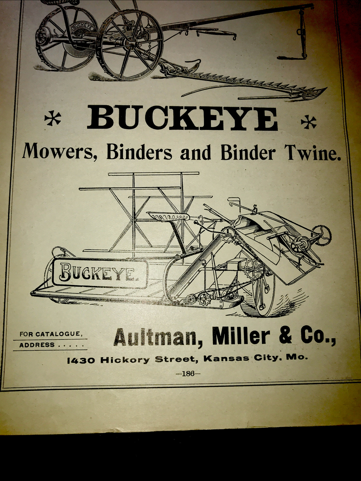 1898 Buckeye Farm Advertising – Aultman, Miller & Co. Kansas City – Missouri