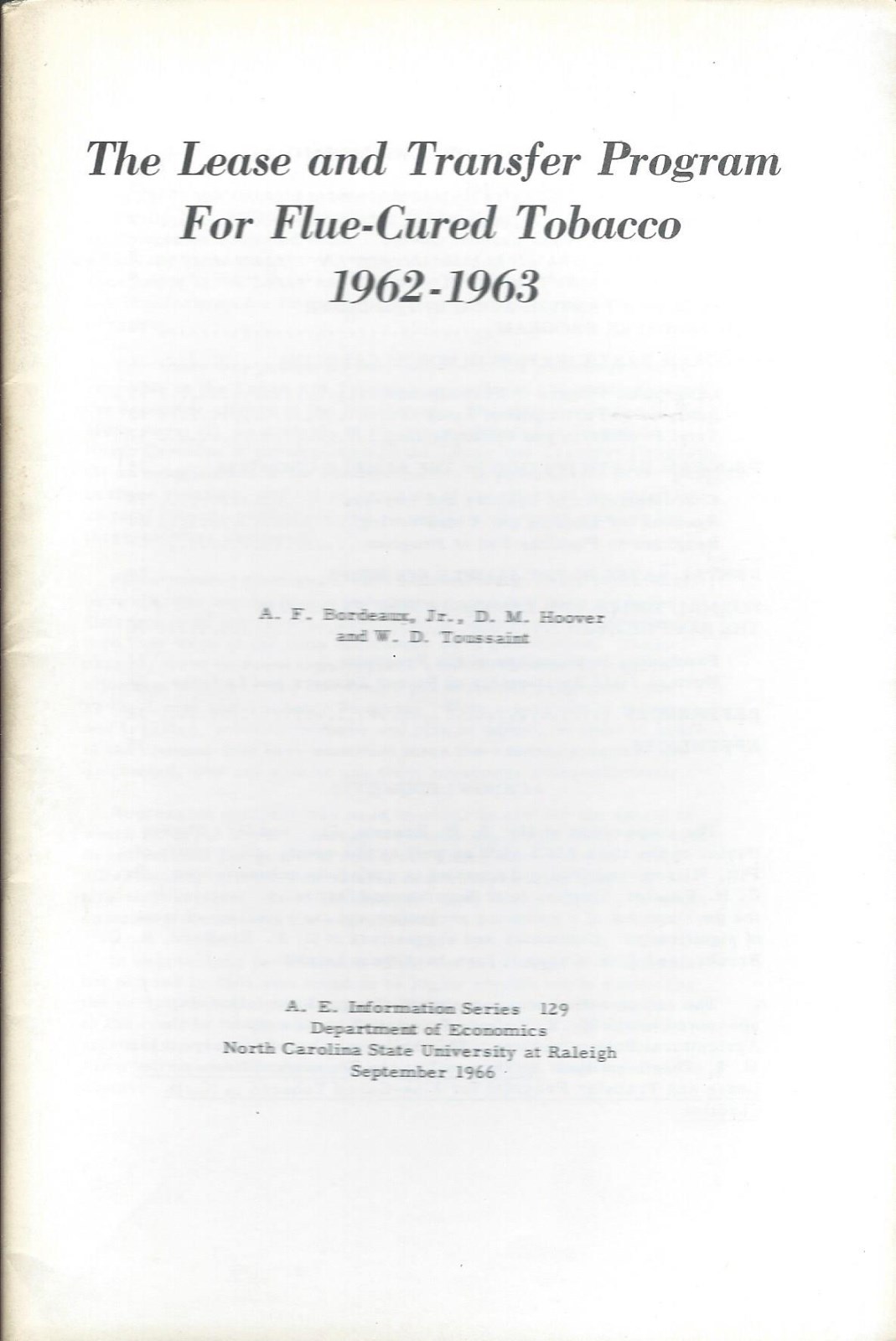 Farm Report – Flue-Cured Tobacco Lease and Transfer Programs – 1962-63 (F5593)