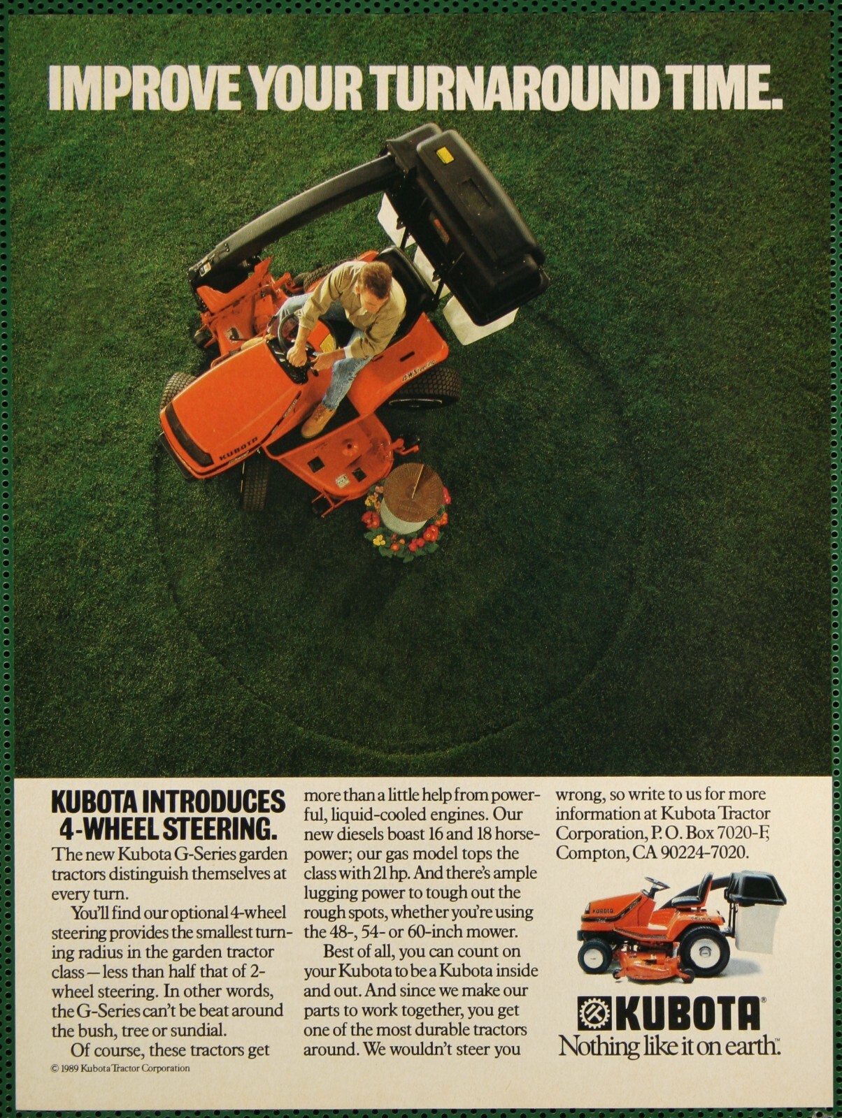 Kubota G Series Garden Tractor Lawn Mower 4 Wheel Steering Vintage Print Ad 1989