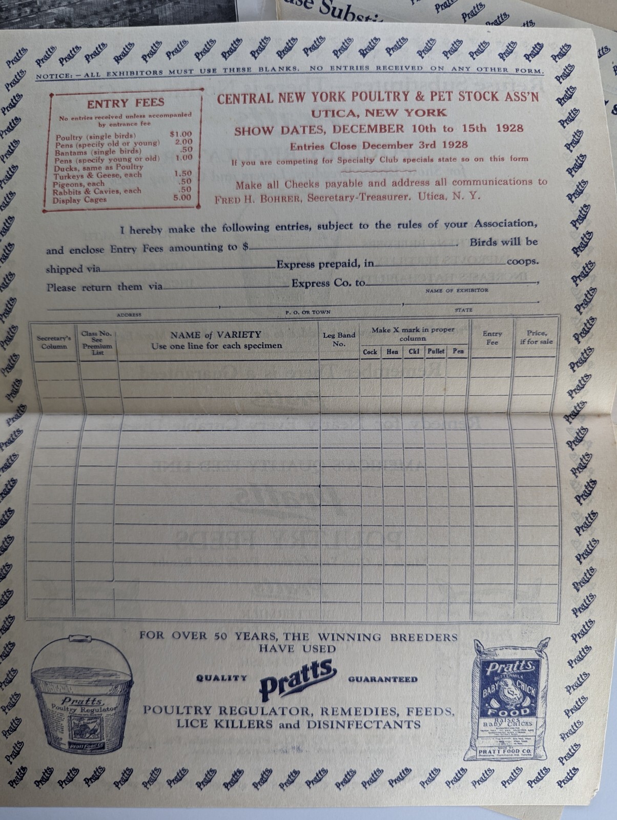 1928 Greater Utica NY Poultry Show Farm Advertising Book Entry Forms