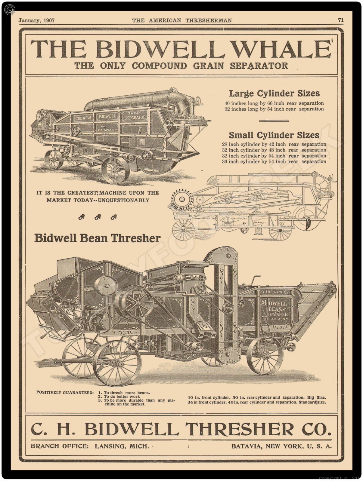 1907 Bidwell Whale Thresher Co. 9&Prime; x 12&Prime; Metal Sign