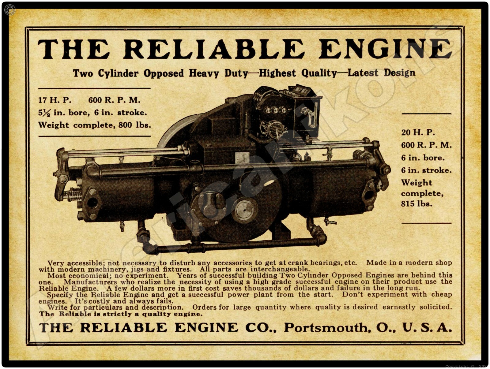 1916 Reliable Gas Engines of Portsmouth, OhiO New Metal Sign: Large Size