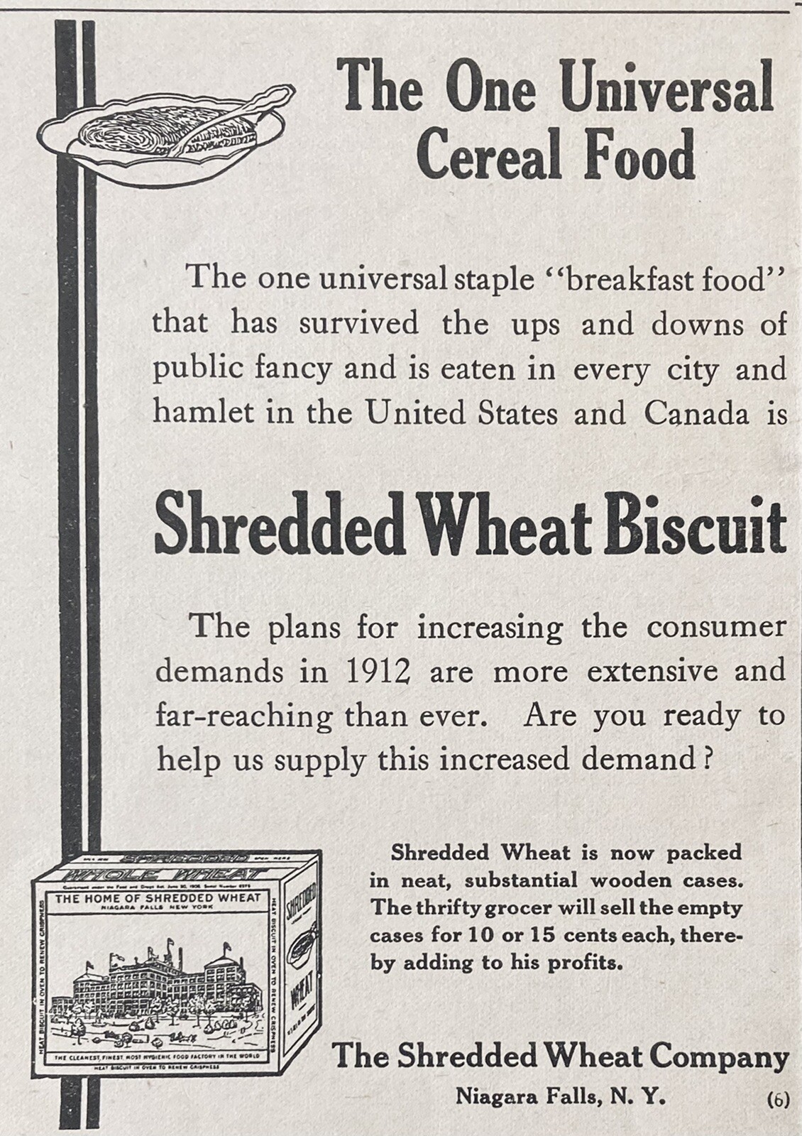 1913 AD.(XH39)~SHREDDED WHEAT CO. NIAGARA FALLS, NY. SHREDDED WHEAT BISCUIT