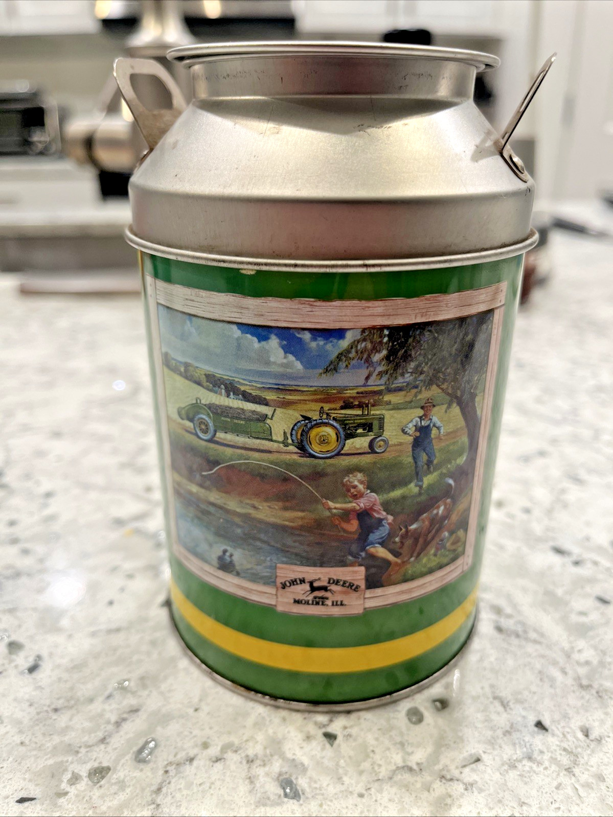 John Deere Mini Tin, Milk Can Tin, Collector Farm Tractor Fishing Scene Decor