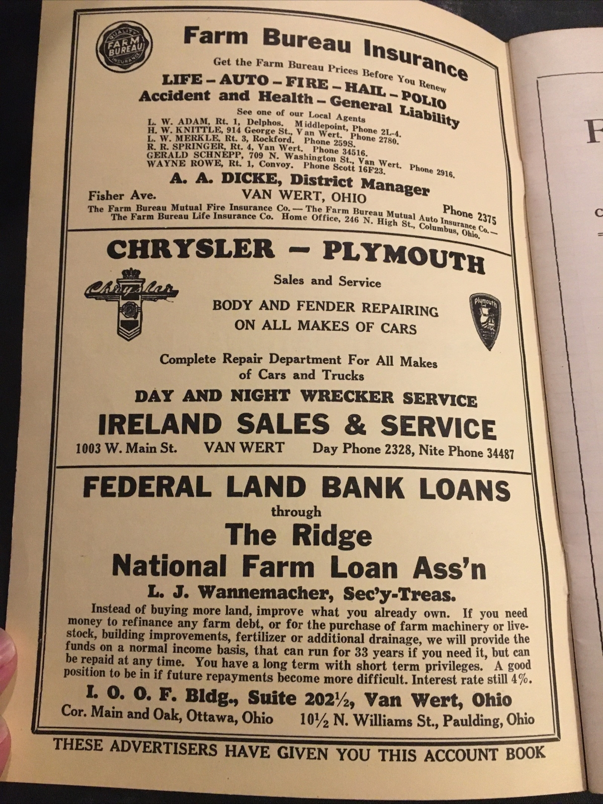 1950 Van Wert Ohio Unused Farm Account Book Springfield Ads