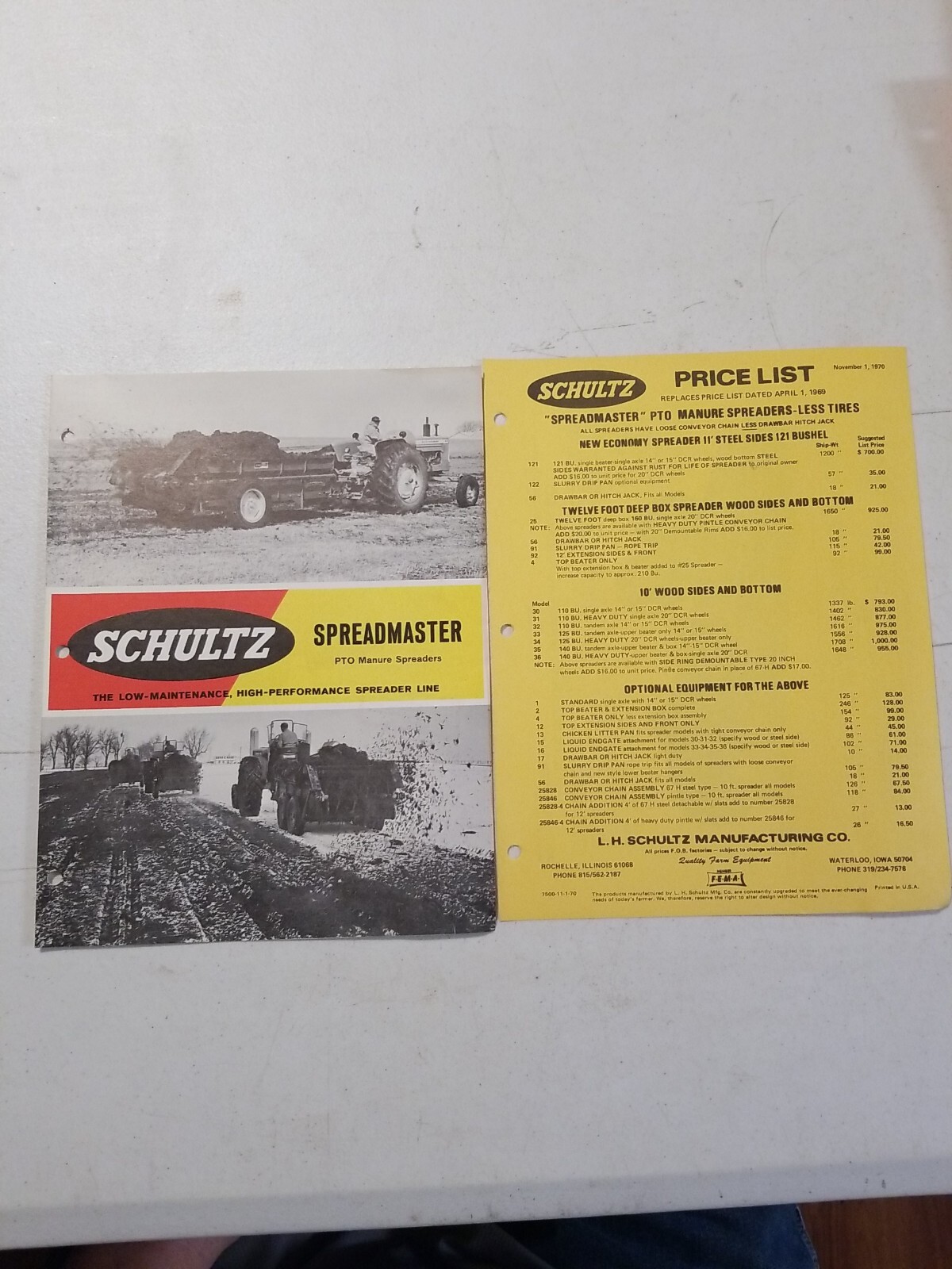 Vintage 1970 L.H. SCHULTZ Mfg Co GENERAL MANURE SPREADER Brochure & Price List