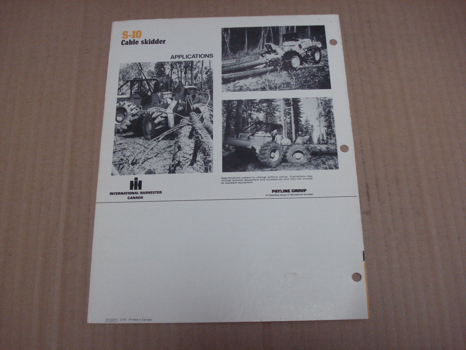 International S-10 Cable Skidder Specifications Brochure 1979