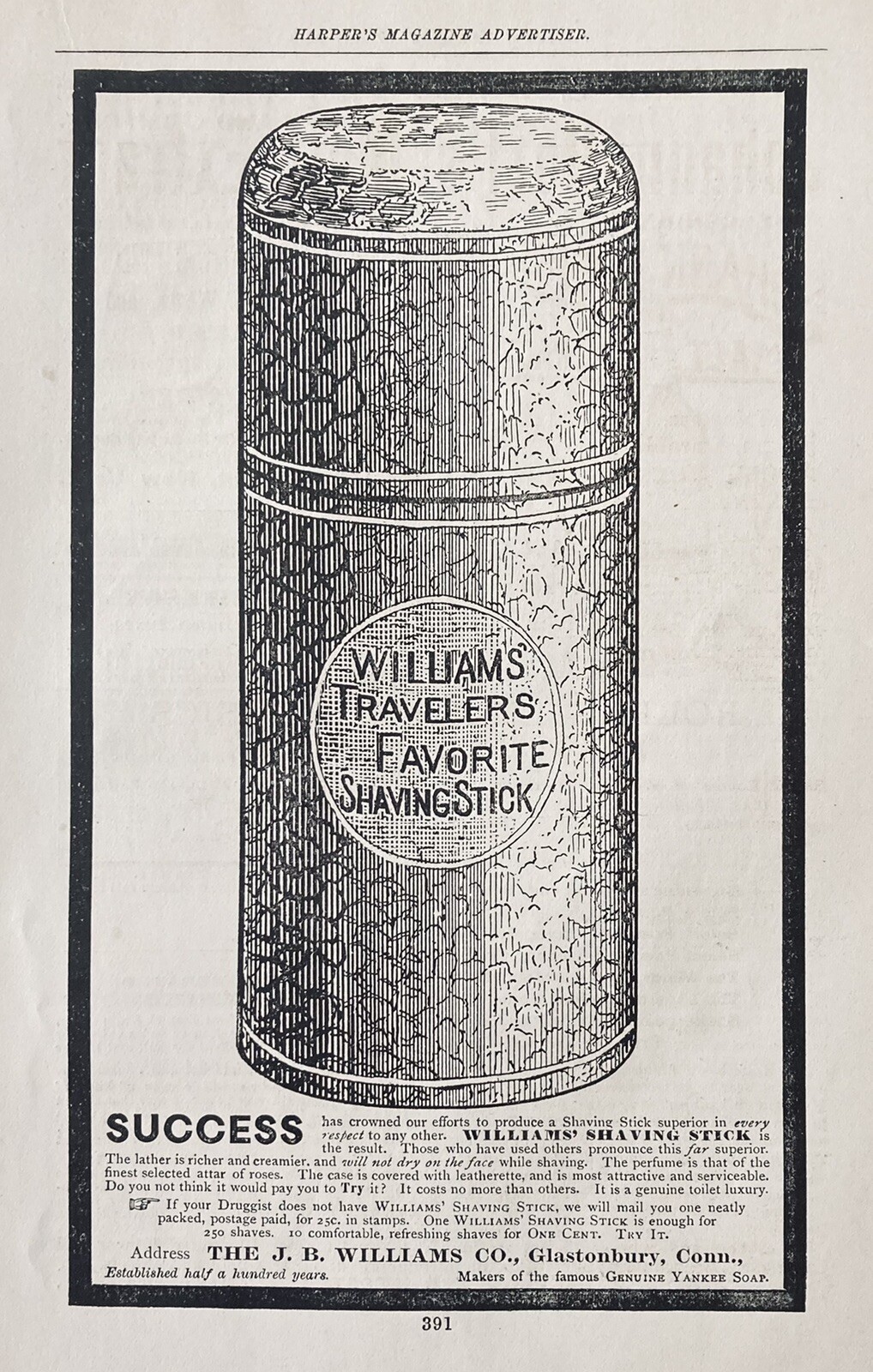 1889 AD(XH6)~J.B. WILLIAMS CO. GLASTONBURY, CONN. TRAVELERS SHAVING STICK