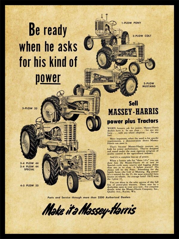 Massey Harris 33, 44, 55 Pony, Colt Mustang Model Tractors Metal Sign: 12×16&Prime;