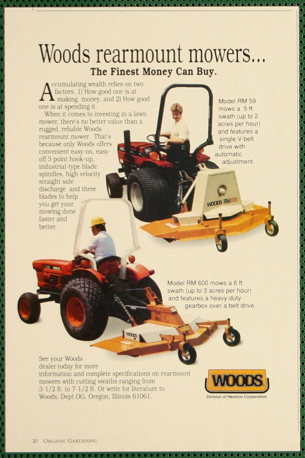 Woods Rear Mount Lawn Grass Mowers for Tractor RM 59 600 Vintage Print Ad 1989