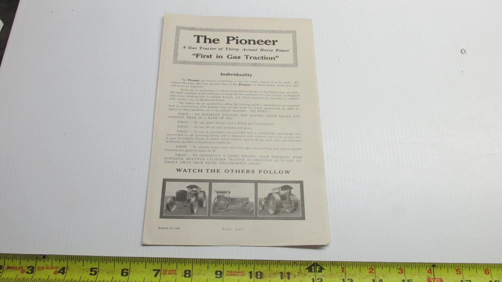 Old Antique Pioneer Tractor First In Gas Traction Sales Literature