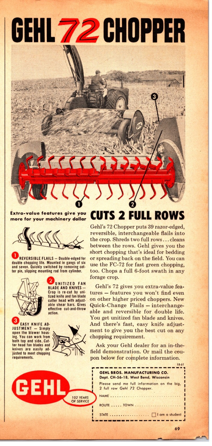 Original 1961 Gehl 72 Chopper Print Ad (5in x 12in) Advertisement