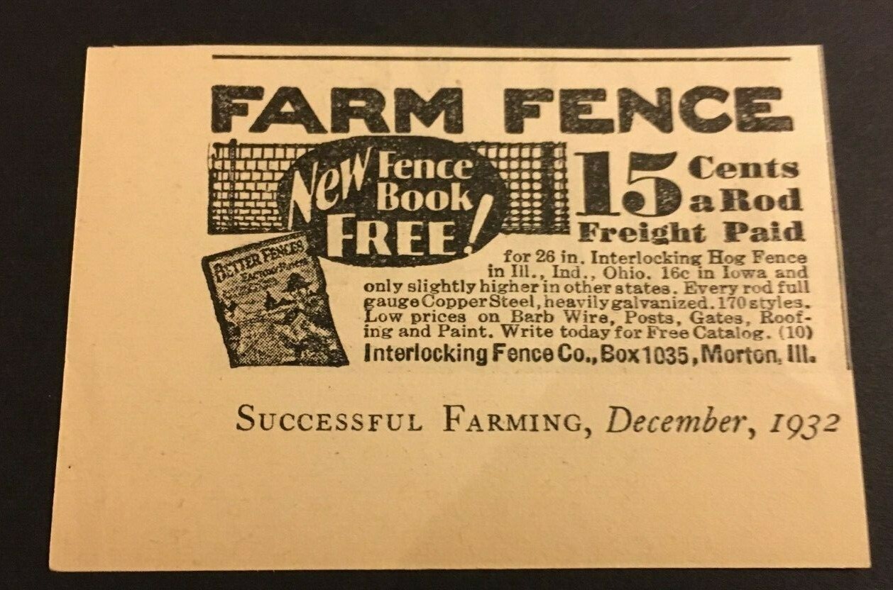 1932 Vintage Interlocking Fence Co. Newspaper / Magazine Ad – Morton Buildings