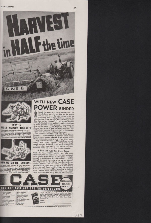 1937 CASE POWER BINDER TRACTOR THRESHER COMBINE FARM AD16469