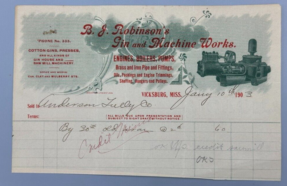 1903 Robinson&rsquo;s COTTON GIN Machine ENGINES Bill FARM Advertising VICKSBURG MS