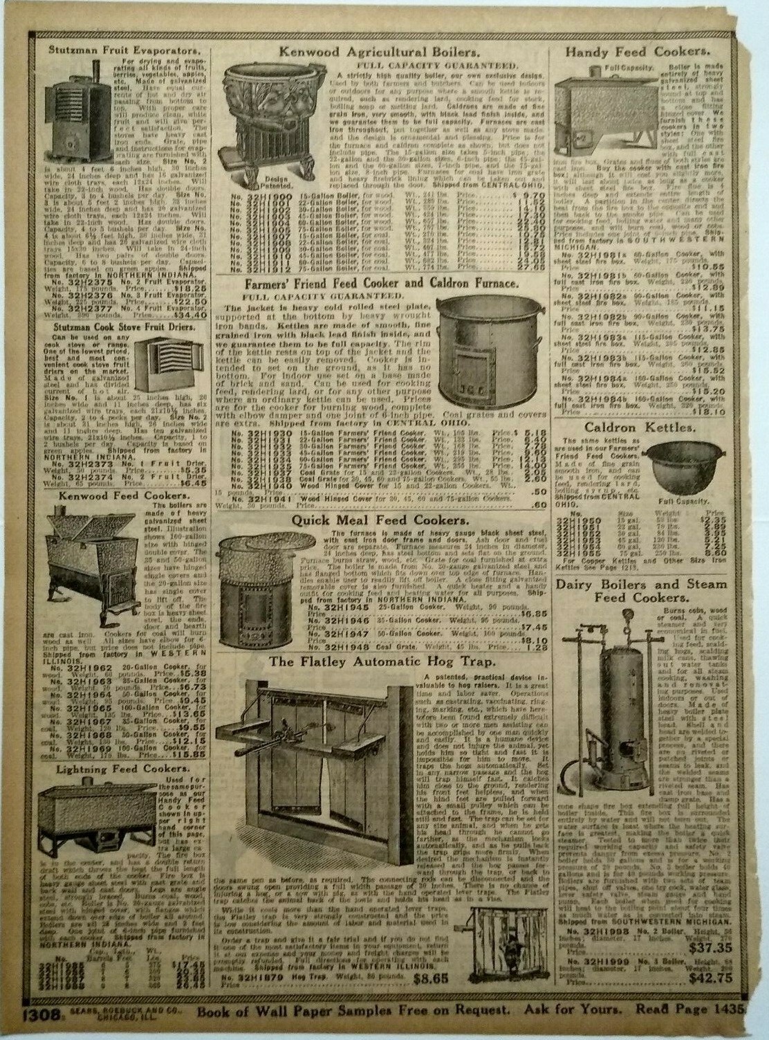 1917 Antique Feed Cooker Farm Machinery Art Sears Catalog Page Vintage Print Ad