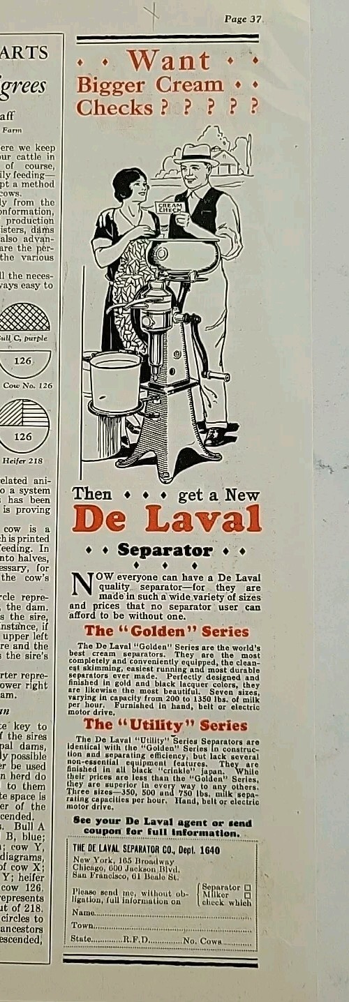 1929 De Laval cream separator company Golden and utility series vintage Ad