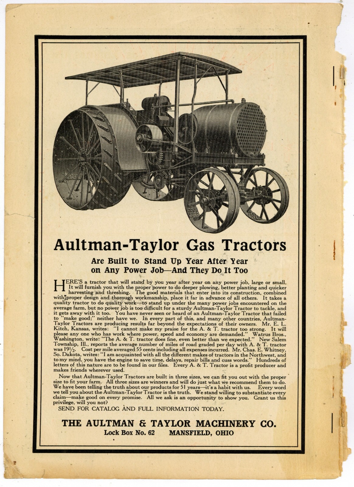 1916 Aultman & Taylor Gas Tractor Ad: Aultman & Taylor Machinery Co Mansfield OH