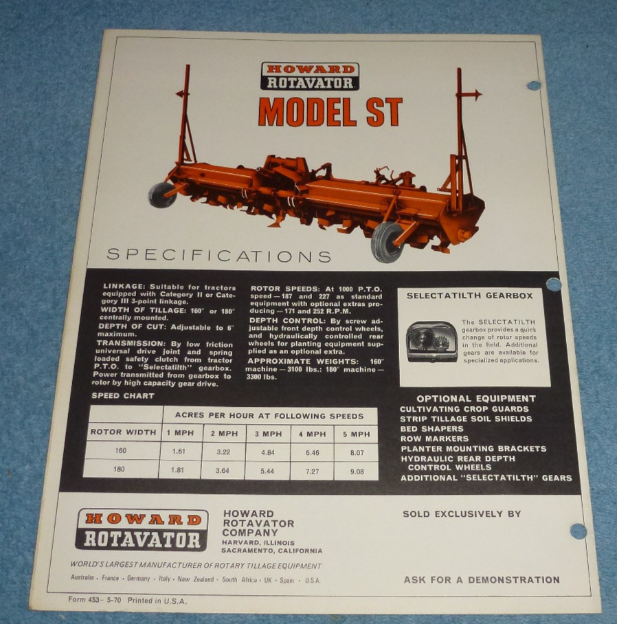 Vtg 1970 Howard Rotavator Co Brochure Model ST Rotary Tillage Equipment Specs