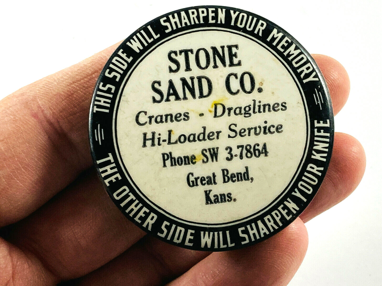 vtg Stone Sand Co. Great Bend Kansas KS Celluloid Advertising Knife Sharpener