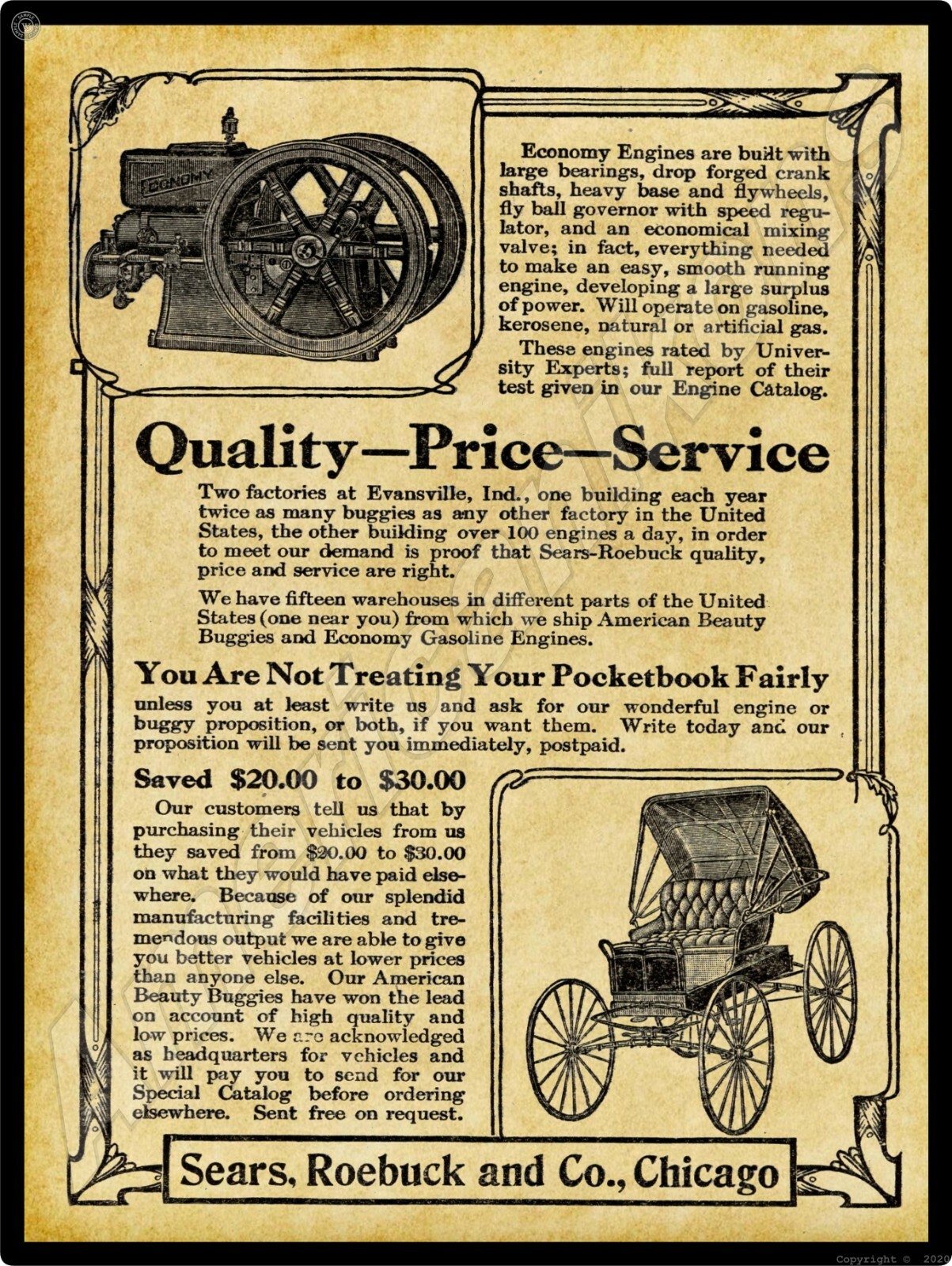 1915 Universal Gas Engines New Metal Sign: Sears & Roebuck Co. Evansville, IN