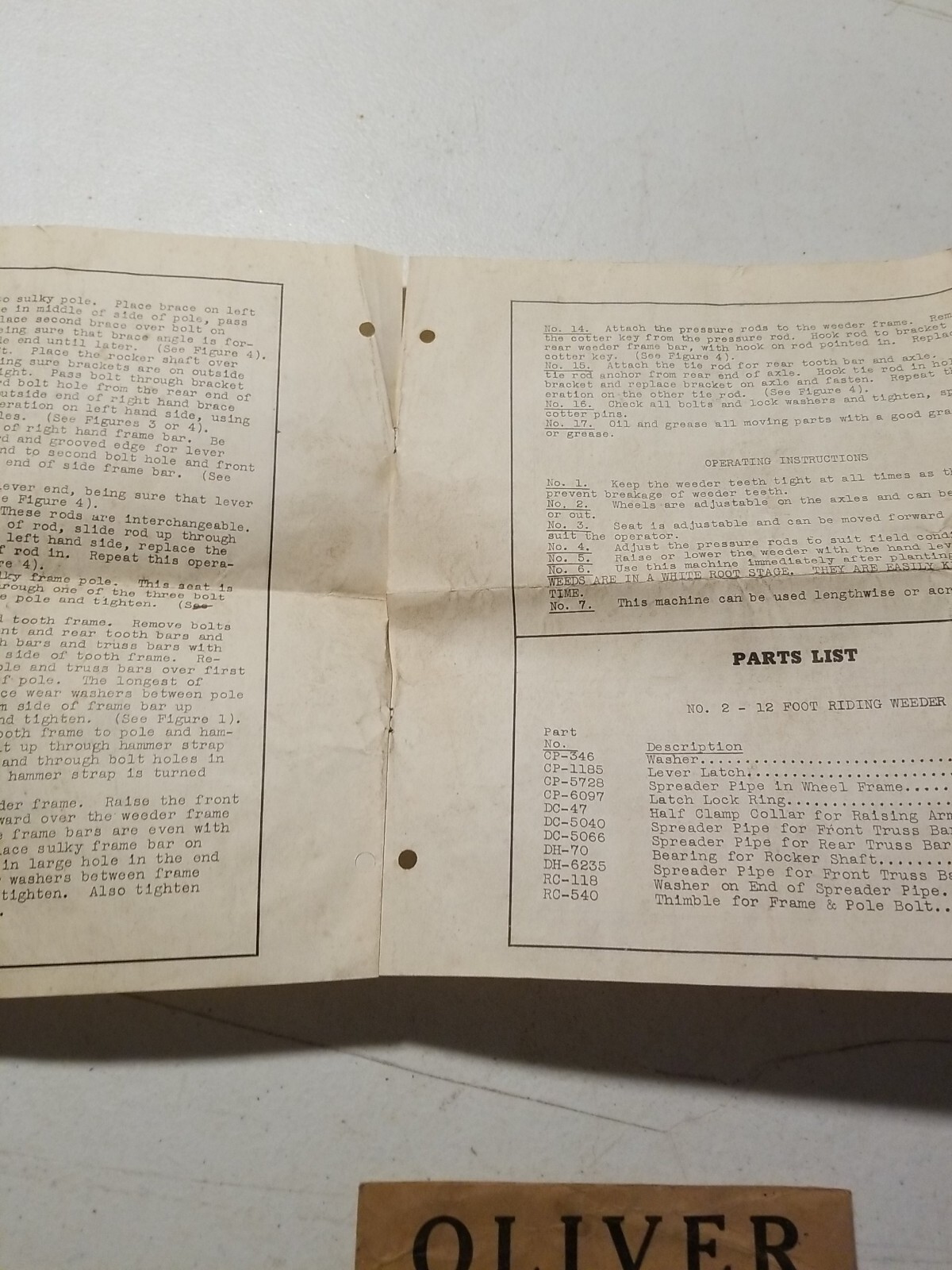 Vintage 1942 Oliver No. 2 Riding Weeder Instructions & Assembly Booklet&Envelope