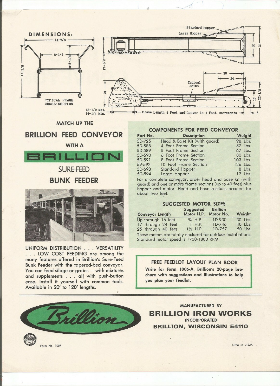 Original Brillion Single Chain Feed Conveyor Sales Brochure Form Number 1007