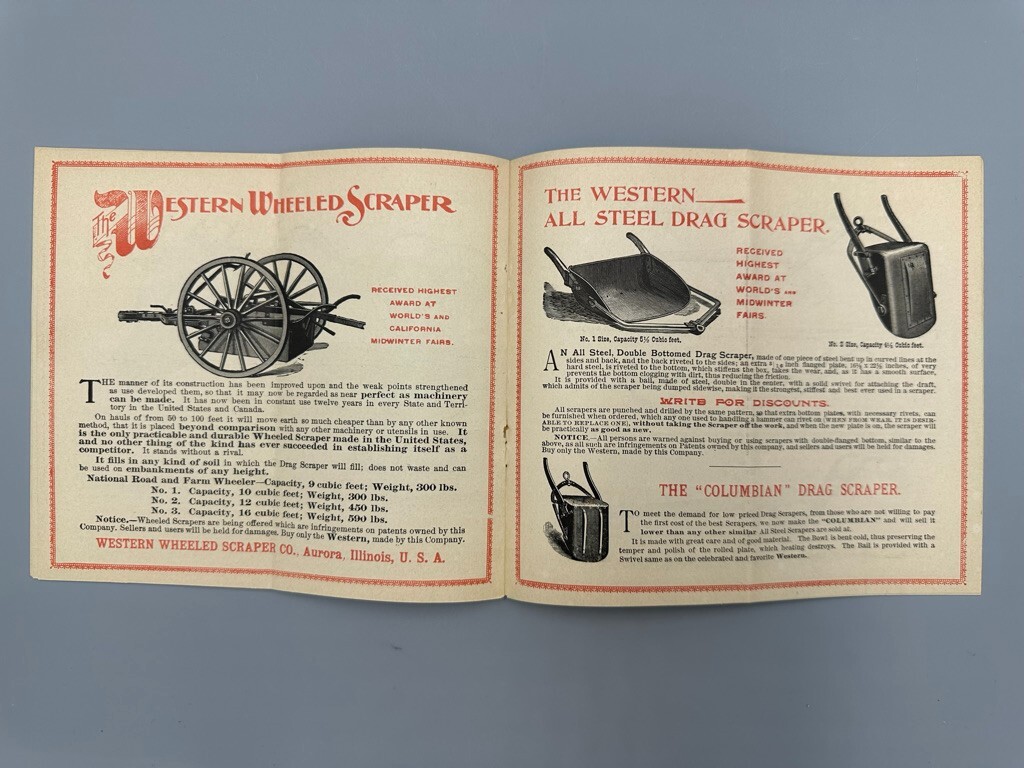 1893 ROAD MACHINE Western Wheel Scraper WORLDS FAIR Catalog Trade Card AURORA IL