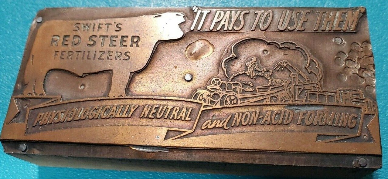 Vintage Swift Agent Fertilizer Farm Cattle Red Steer Copper PRINTING PLATE Block