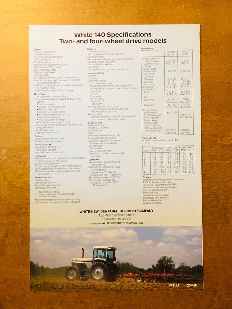 1988 White 140 PTO HP Tractors Specifications Brochure 5 1/2&Prime; x 8 1/2&Prime;