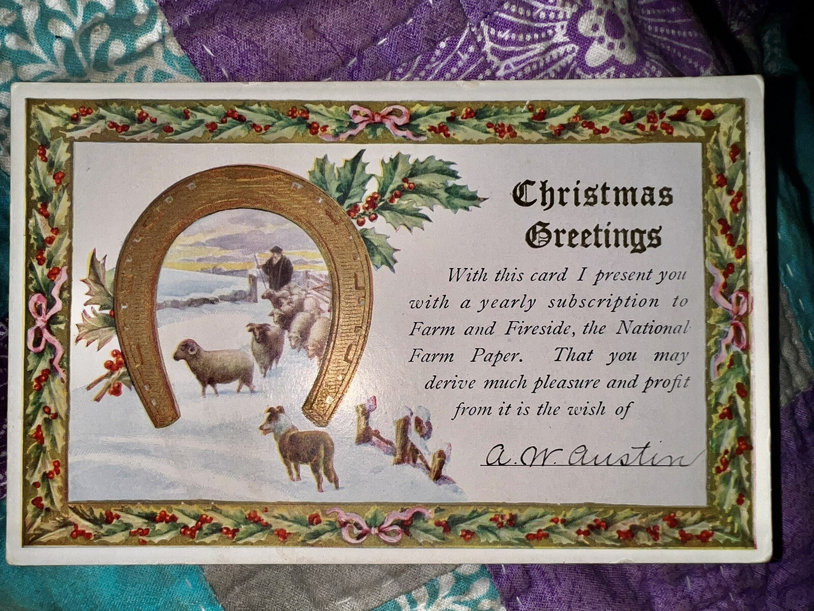Antique ADVERTISING CARD for FARM & FIRESIDE horseshoe SHEEP & DOG IN SNOW