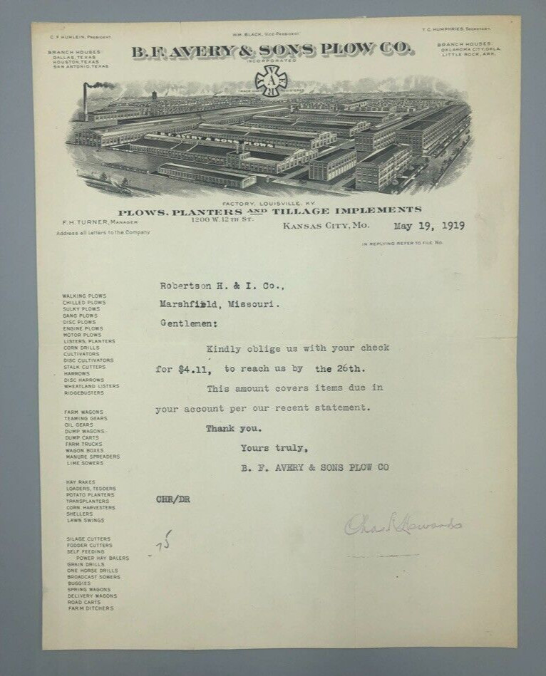 1919 B F AVERY PLOW Co Antique Letter FARM Advertising KANSAS CITY MO