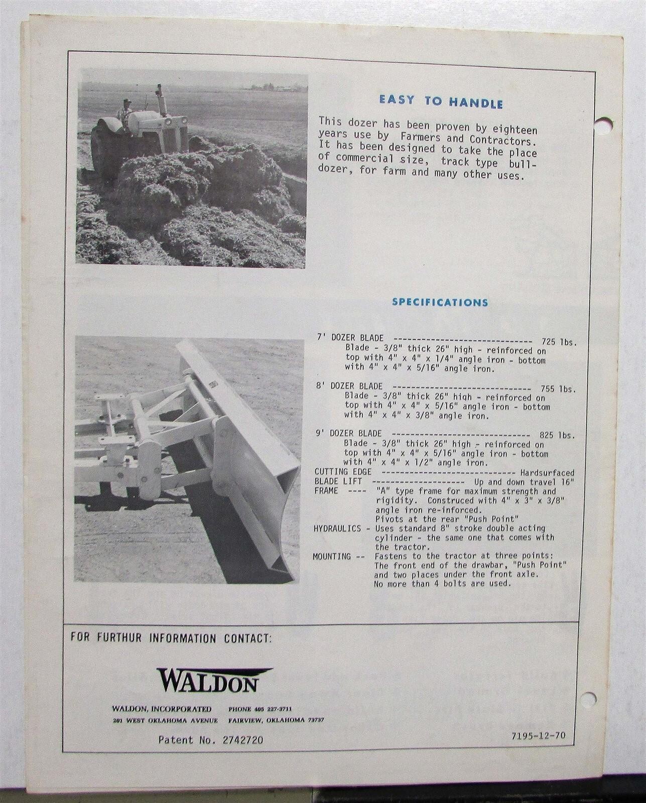 1971 Waldon Economy Blades Attachment Specs Agricultural Sales Folder