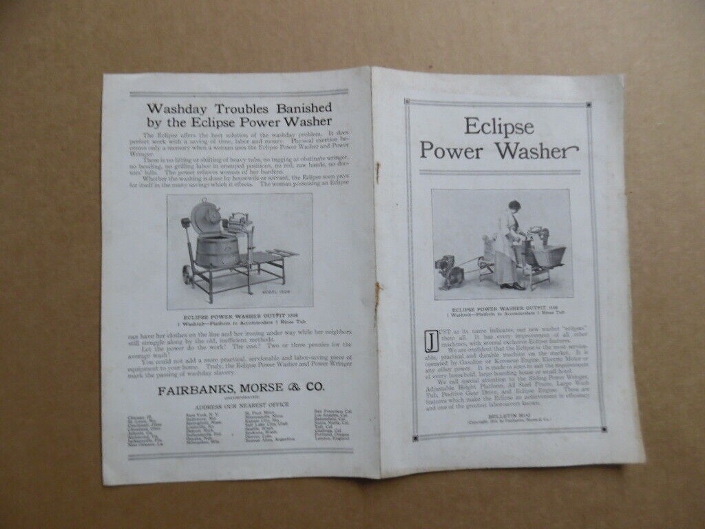 1914 Fairbanks Morse Eclipse Power Washer Bulletin Brochure Engines Vintage ORIG