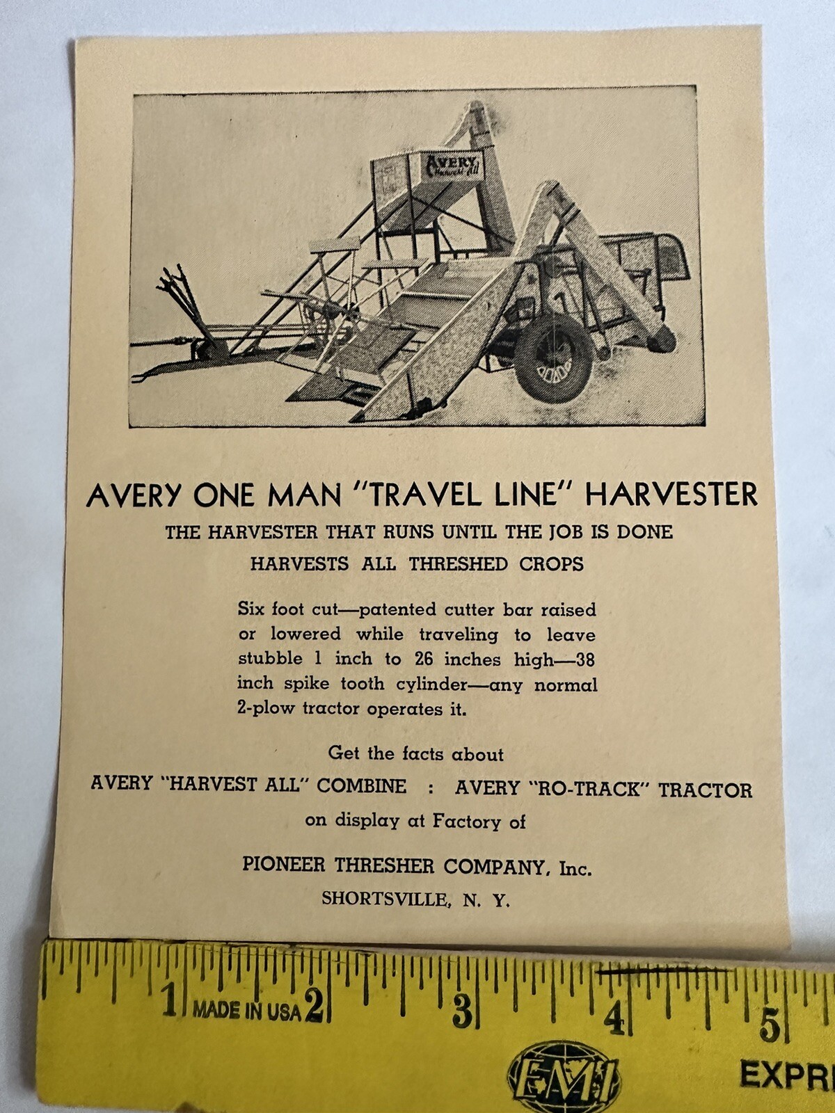 Vintage Avery HARVESTER Advertising Flyer Pioneer Thresher Shortsville NY B3