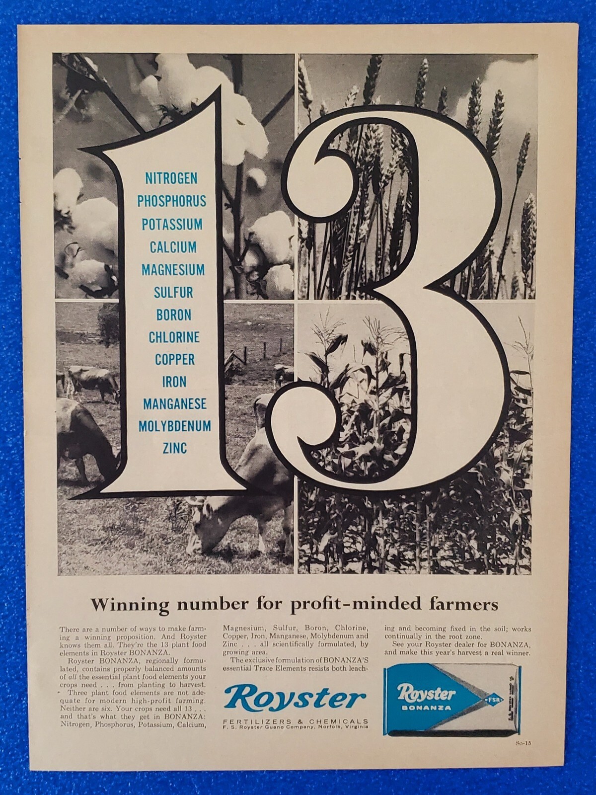1967 ROYSTER BONANZA CROP FERTILIZER 13 PLANT FOOD ELEMENTS ORIGINAL PRINT AD