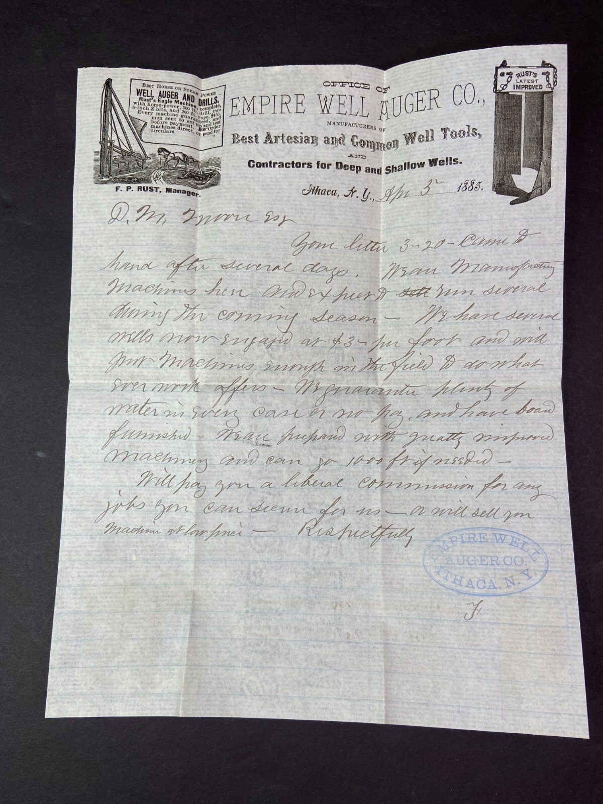 SUPER Rare Letterhead & Cover 1883 Horse or Steam Empire Well Drill – Ithaca NY