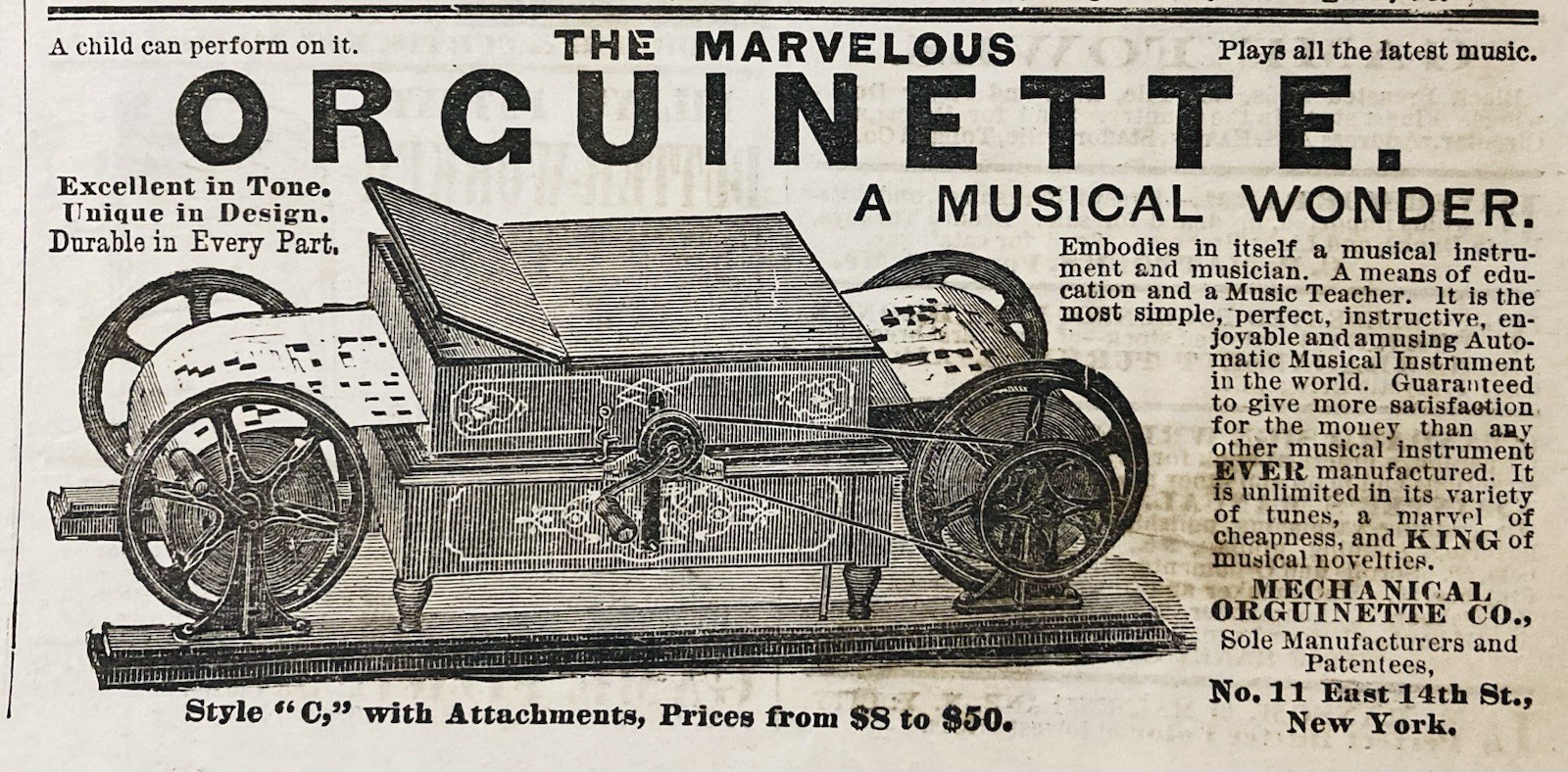 1879 AD.(XH87)~MECHANICAL ORGUINETTE CO. NYC. ORGUINETTE MUSICAL WONDER