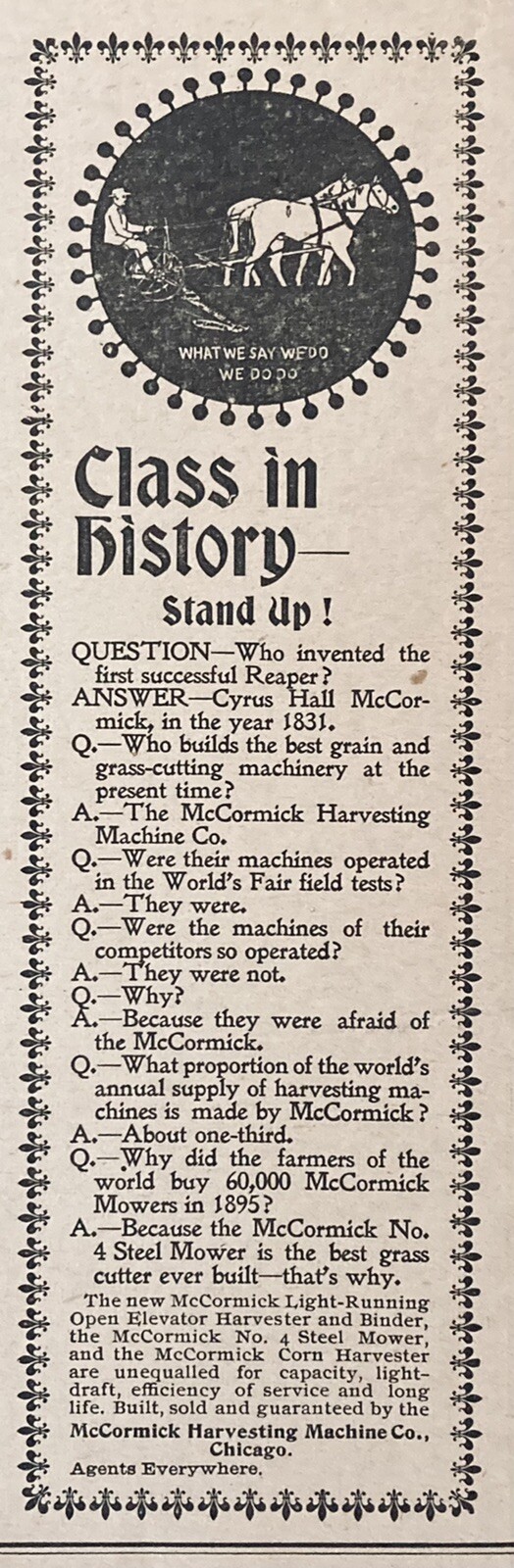 1896 AD(XH45)~MCCORMICK HARVESTING MACHINE CO. CHICAGO. ELEVATOR HARVESTER