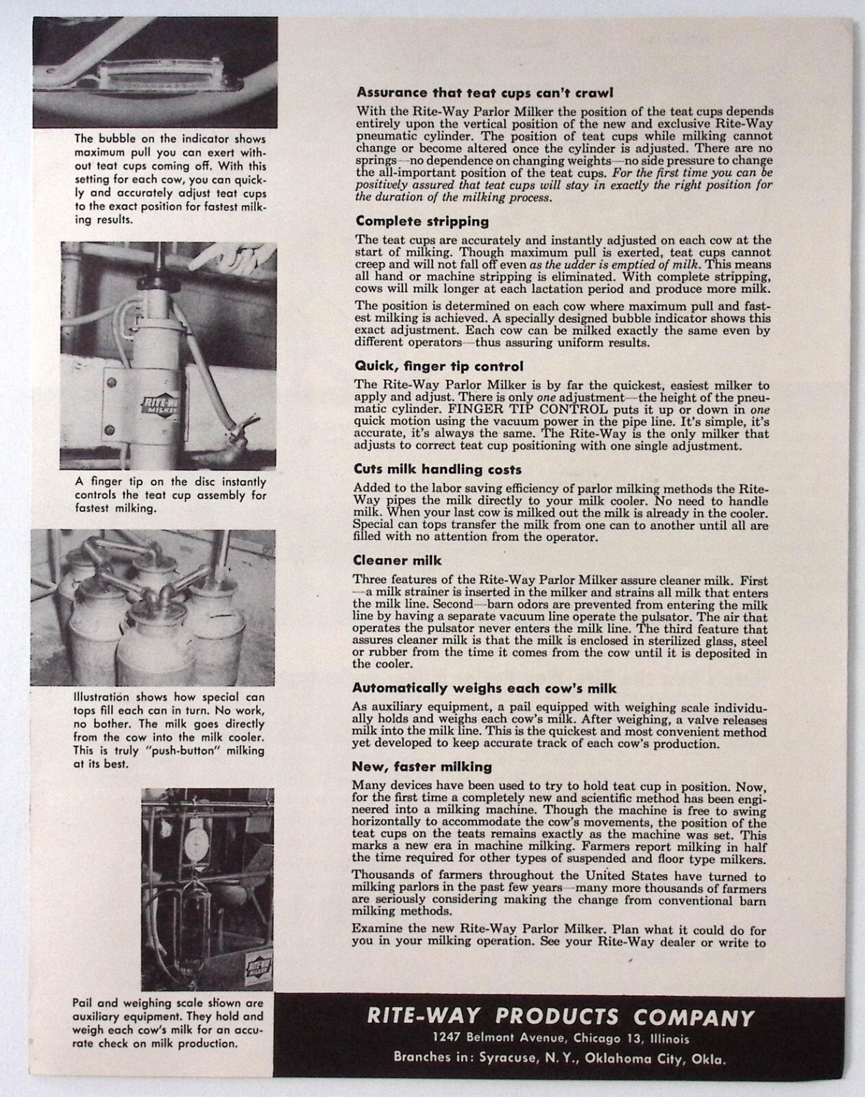 1952 Rite Way Parlor Milker Rite Way Products Co Chicago IL Dealer Brochure