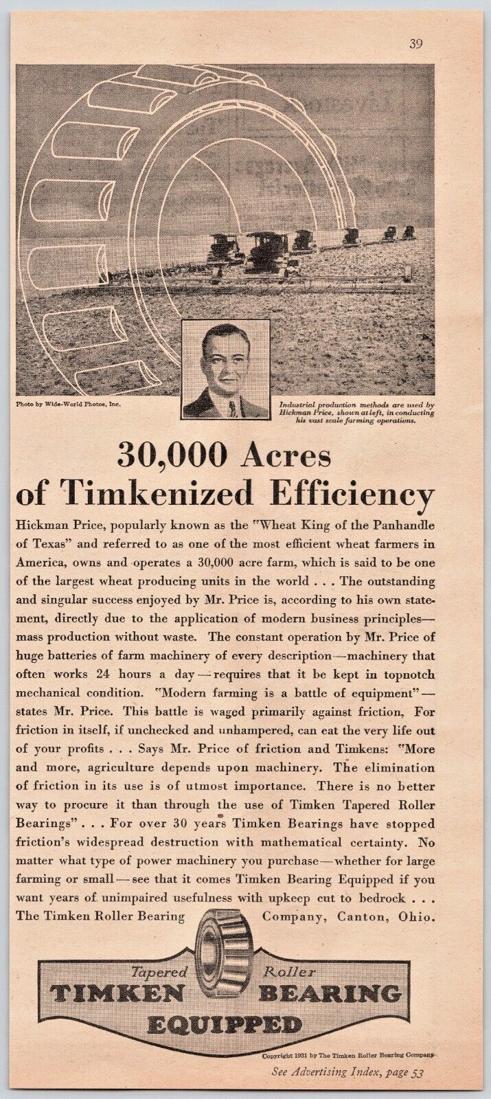 1931 Timken Bearing Equipped Tapered Roller Combine Vintage Print Ad
